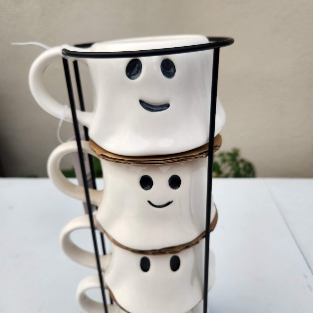 NEW Ceramic Ghost Mugs Mug Set of 4 Stacking Stackable White Marshmallow Stonewa